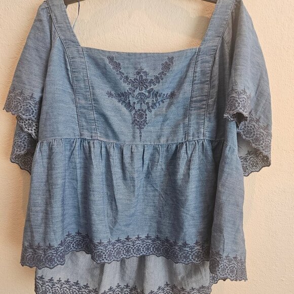 Old Navy boho Western baby doll blue shirt embroidery Smocked Puff Sleeve XXL - Picture 8 of 8